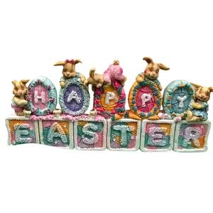 Vintage Style Happy Easter Bunny Resin Figurine Pastel Egg Blocks Decor